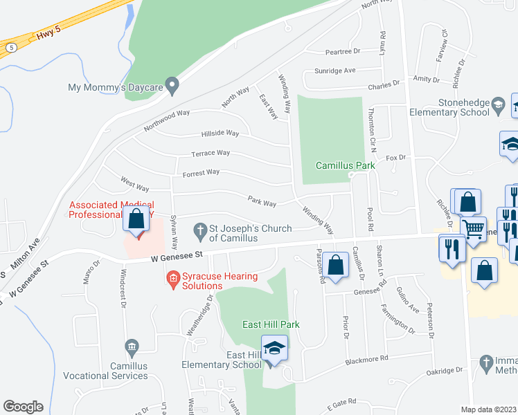 map of restaurants, bars, coffee shops, grocery stores, and more near 133 Park Way in Camillus