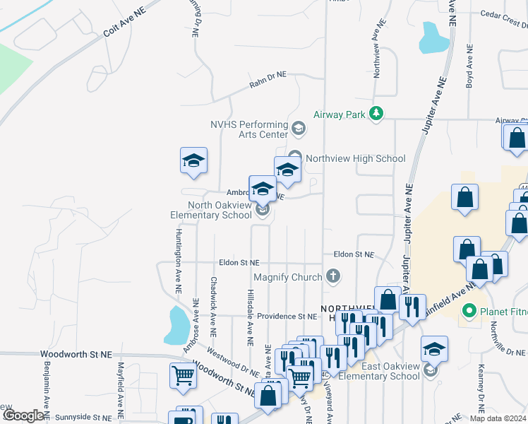 map of restaurants, bars, coffee shops, grocery stores, and more near 4300 Costa Avenue Northeast in Grand Rapids
