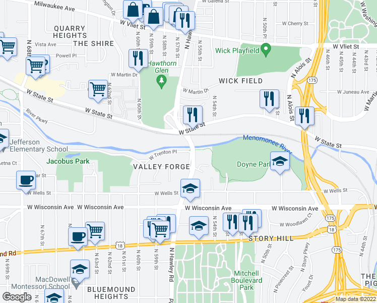 map of restaurants, bars, coffee shops, grocery stores, and more near North Hawley Road in Milwaukee