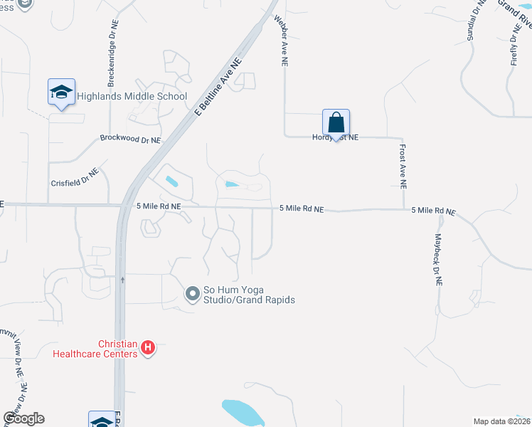 map of restaurants, bars, coffee shops, grocery stores, and more near 4389 Summerlane Avenue Northeast in Grand Rapids