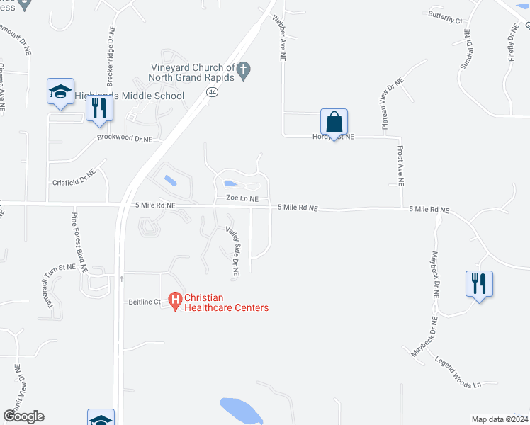 map of restaurants, bars, coffee shops, grocery stores, and more near 4389 Summerlane Avenue Northeast in Grand Rapids