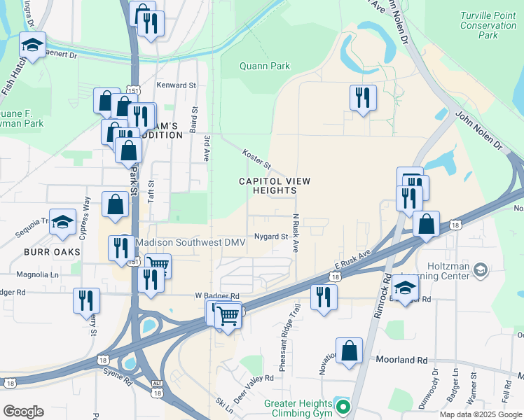 map of restaurants, bars, coffee shops, grocery stores, and more near 126 Sunny Meade Lane in Madison