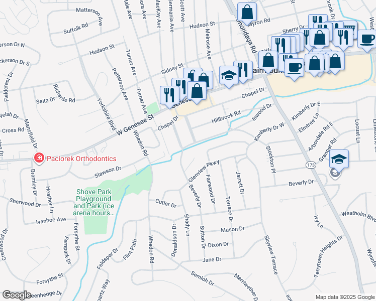 map of restaurants, bars, coffee shops, grocery stores, and more near 199 Beverly Drive in Syracuse