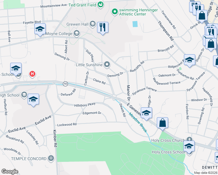 map of restaurants, bars, coffee shops, grocery stores, and more near 128 Claire Road in Syracuse