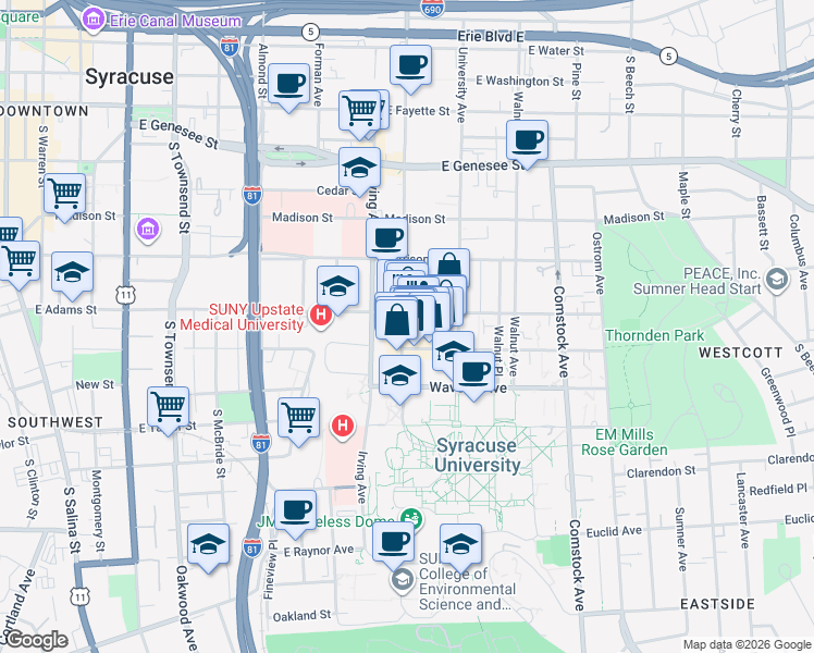 map of restaurants, bars, coffee shops, grocery stores, and more near 700 South Crouse Avenue in Syracuse