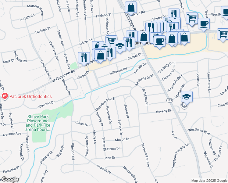 map of restaurants, bars, coffee shops, grocery stores, and more near 213 Kimberly Drive West in Syracuse
