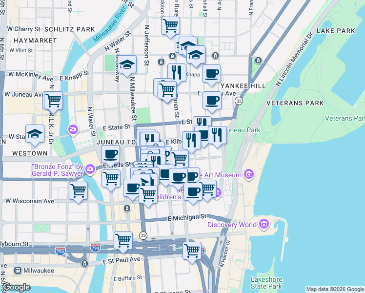 map of restaurants, bars, coffee shops, grocery stores, and more near 920 North Van Buren Street in Milwaukee