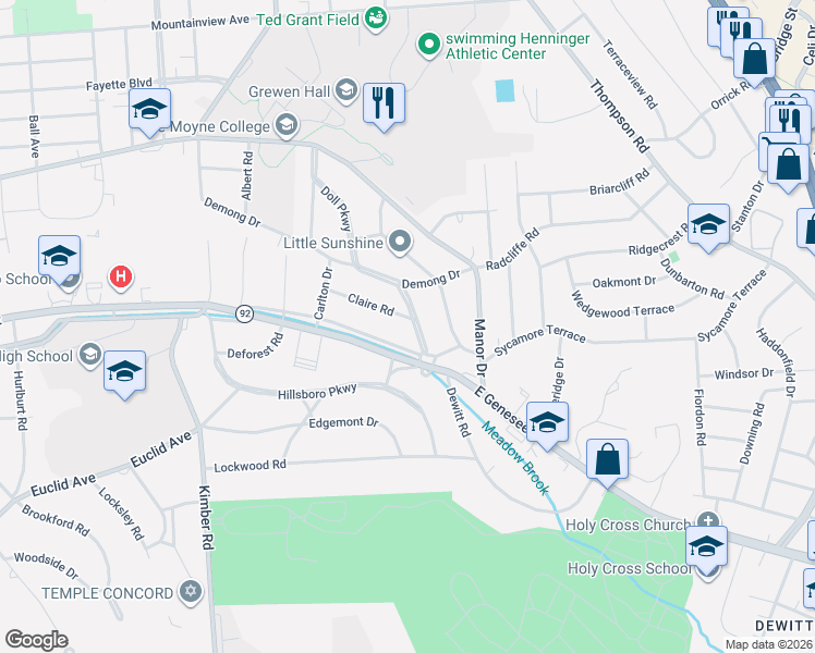 map of restaurants, bars, coffee shops, grocery stores, and more near 128 Claire Road in Syracuse