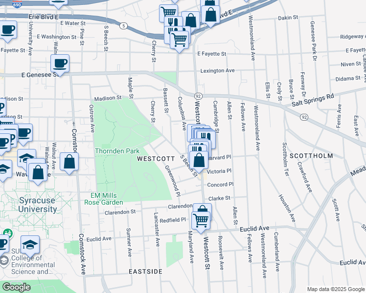 map of restaurants, bars, coffee shops, grocery stores, and more near 553 Columbus Avenue in Syracuse