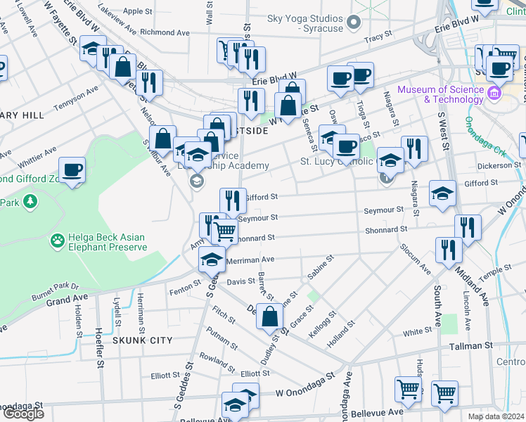 map of restaurants, bars, coffee shops, grocery stores, and more near 657 Gifford Street in Syracuse