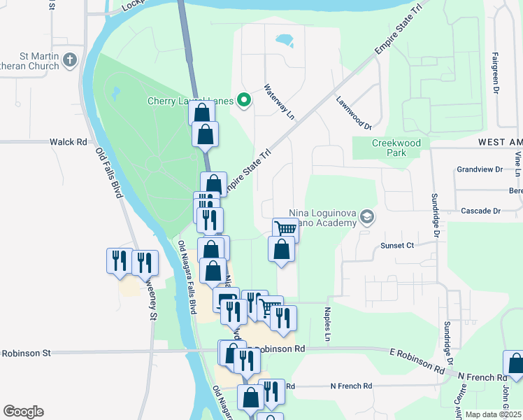 map of restaurants, bars, coffee shops, grocery stores, and more near 65-107 West Summerset Lane in Buffalo