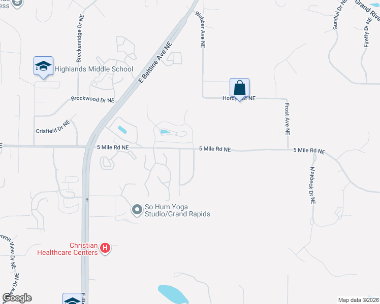 map of restaurants, bars, coffee shops, grocery stores, and more near 4389 Summerlane Avenue Northeast in Grand Rapids