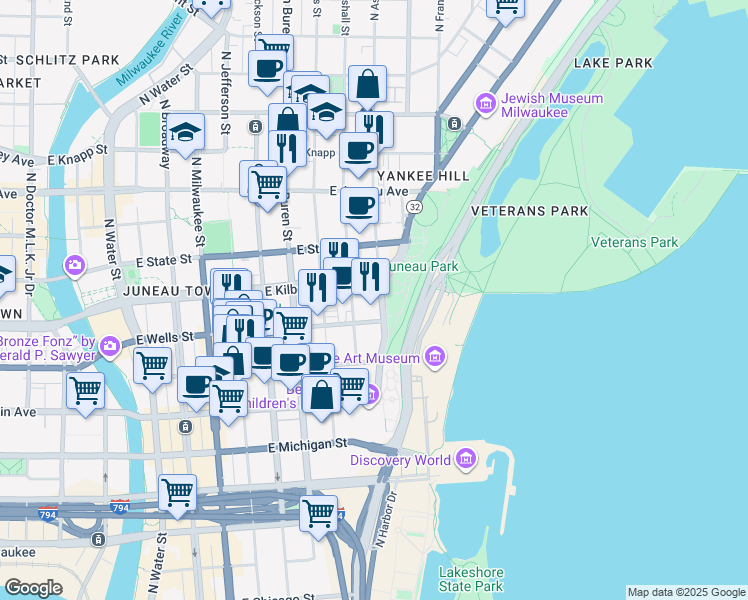 map of restaurants, bars, coffee shops, grocery stores, and more near 2425 East Wells Street in Milwaukee