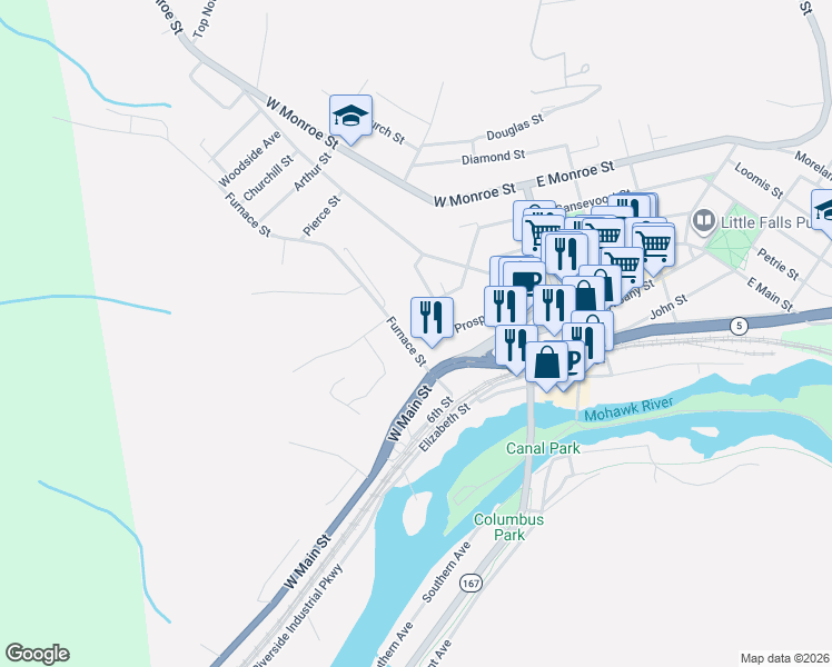 map of restaurants, bars, coffee shops, grocery stores, and more near 41 Furnace St in Little Falls