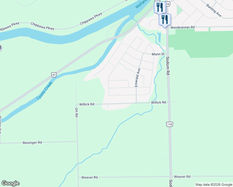 map of restaurants, bars, coffee shops, grocery stores, and more near 9494 Tallgrass Avenue in Niagara Falls