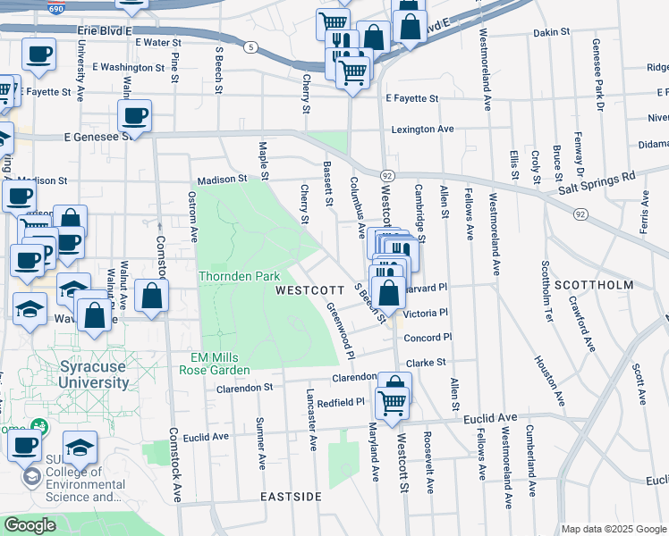 map of restaurants, bars, coffee shops, grocery stores, and more near 620 South Beech Street in Syracuse