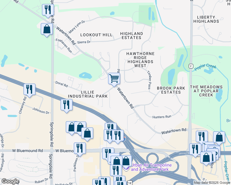map of restaurants, bars, coffee shops, grocery stores, and more near 21205 Watertown Road in Waukesha