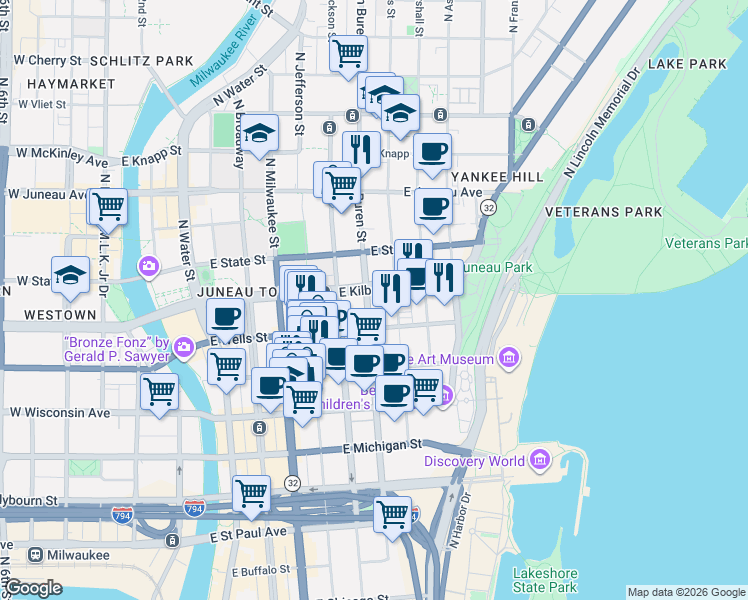 map of restaurants, bars, coffee shops, grocery stores, and more near 920 North Van Buren Street in Milwaukee