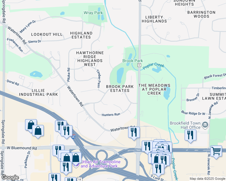 map of restaurants, bars, coffee shops, grocery stores, and more near 20625 Brook Park Drive in Brookfield