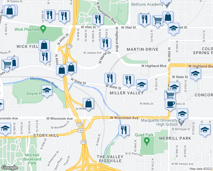 map of restaurants, bars, coffee shops, grocery stores, and more near West State Street in Milwaukee