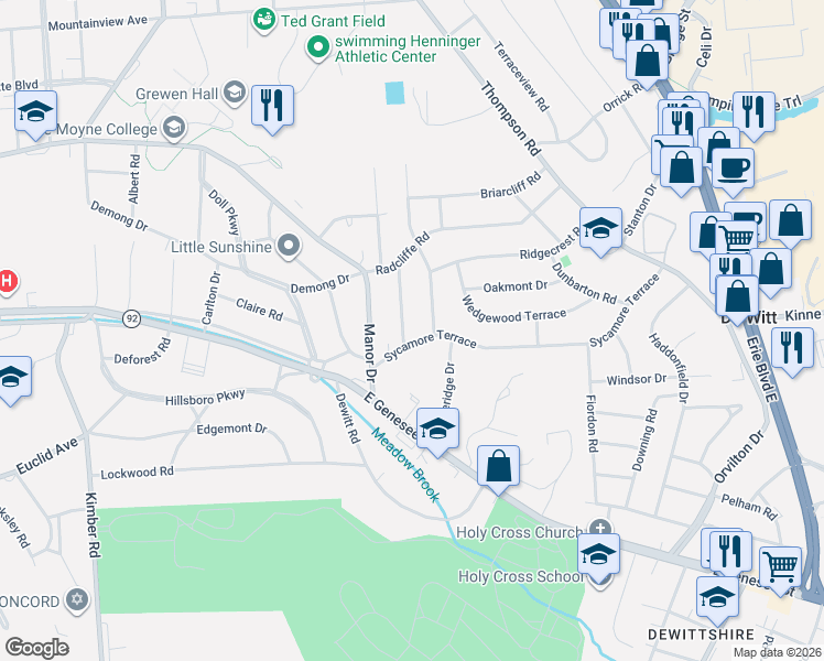 map of restaurants, bars, coffee shops, grocery stores, and more near 107 Hathaway Road in Syracuse