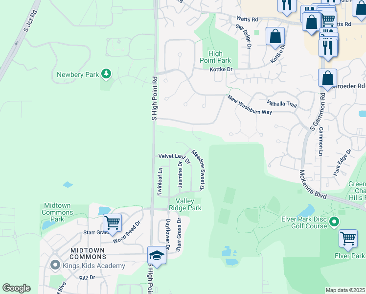 map of restaurants, bars, coffee shops, grocery stores, and more near 1142 Meadow Sweet Drive in Madison