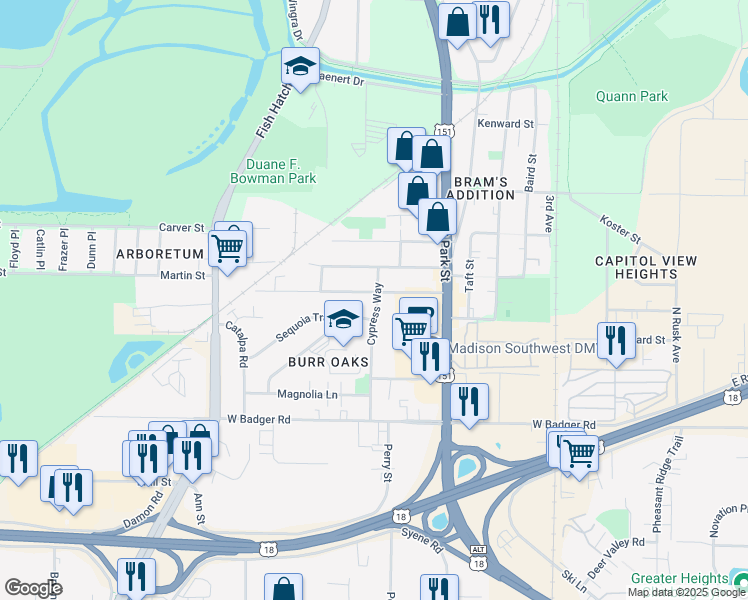 map of restaurants, bars, coffee shops, grocery stores, and more near 901 Ridgewood Way in Madison
