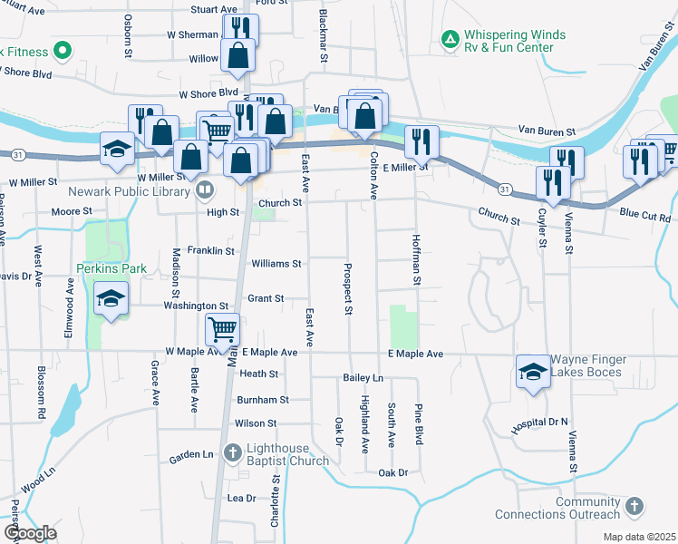map of restaurants, bars, coffee shops, grocery stores, and more near 111 West Myrtle Avenue in Newark
