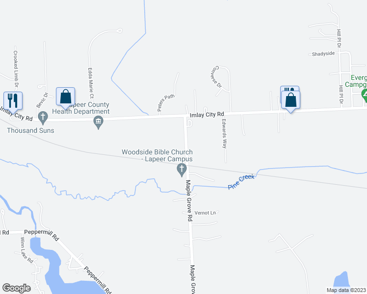 map of restaurants, bars, coffee shops, grocery stores, and more near 80 Maple Grove Road in Lapeer