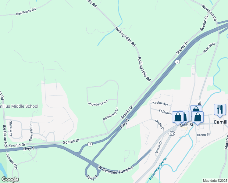 map of restaurants, bars, coffee shops, grocery stores, and more near 125 Raspberry Lane in Camillus