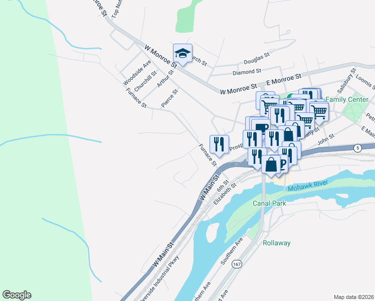 map of restaurants, bars, coffee shops, grocery stores, and more near 24 King Street in Little Falls