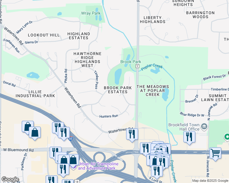 map of restaurants, bars, coffee shops, grocery stores, and more near 20625 Brook Park Drive in Brookfield