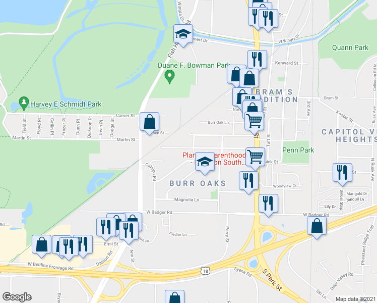 map of restaurants, bars, coffee shops, grocery stores, and more near 1005 Ridgewood Way in Madison