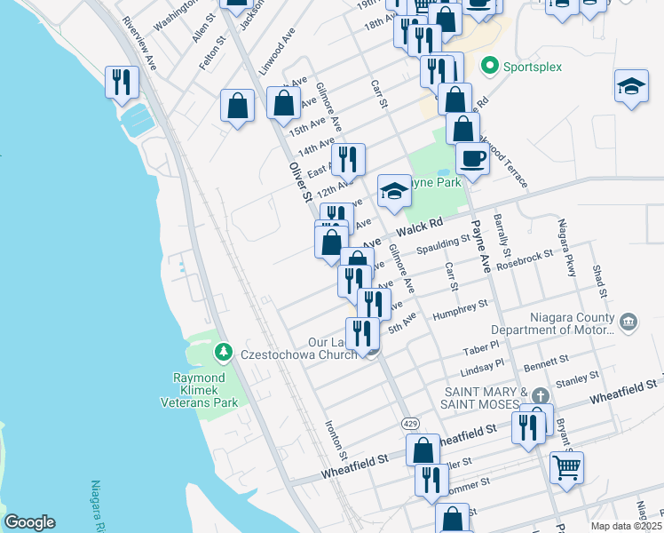 map of restaurants, bars, coffee shops, grocery stores, and more near 756 Oliver St in North Tonawanda