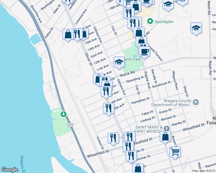 map of restaurants, bars, coffee shops, grocery stores, and more near 122 8th Avenue in North Tonawanda
