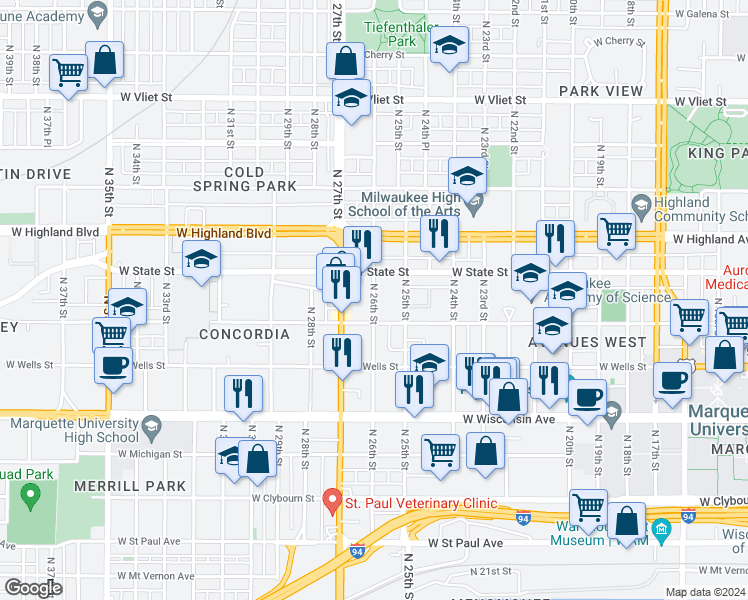 map of restaurants, bars, coffee shops, grocery stores, and more near 936 North 26th Street in Milwaukee