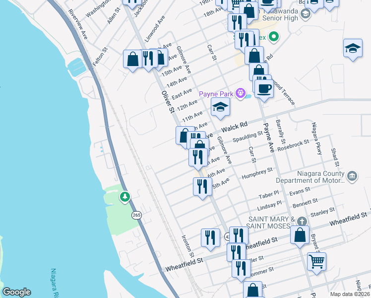 map of restaurants, bars, coffee shops, grocery stores, and more near 756 Oliver Street in North Tonawanda