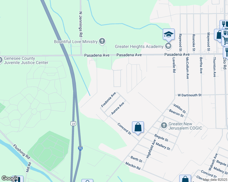 map of restaurants, bars, coffee shops, grocery stores, and more near 2349 Fredonia Avenue in Flint