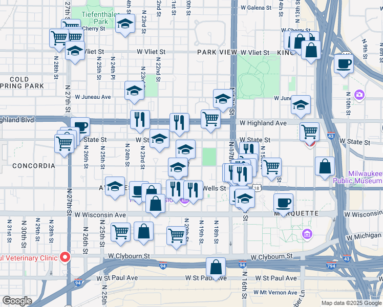 map of restaurants, bars, coffee shops, grocery stores, and more near 936 North 20th Street in Milwaukee