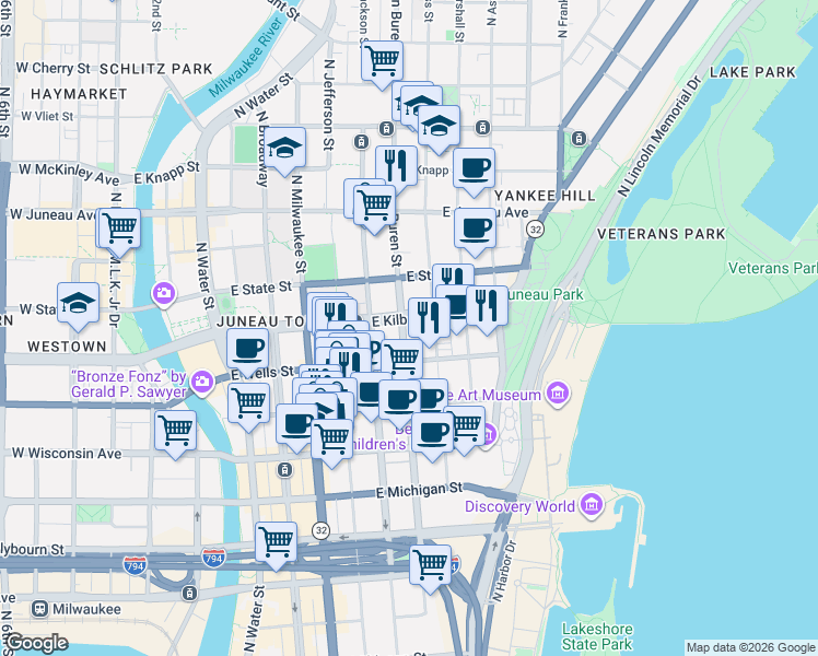 map of restaurants, bars, coffee shops, grocery stores, and more near 920 North Van Buren Street in Milwaukee