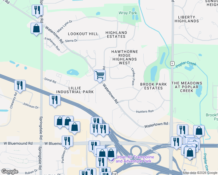 map of restaurants, bars, coffee shops, grocery stores, and more near 21190 Watertown Road in Waukesha