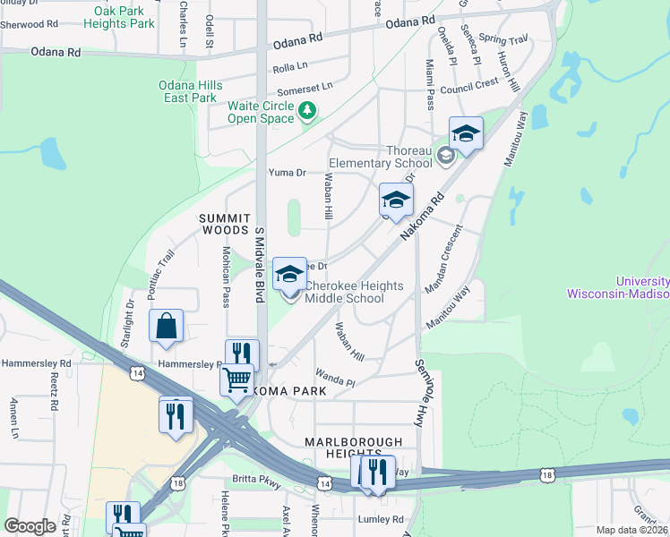 map of restaurants, bars, coffee shops, grocery stores, and more near 4181 Cherokee Drive in Madison