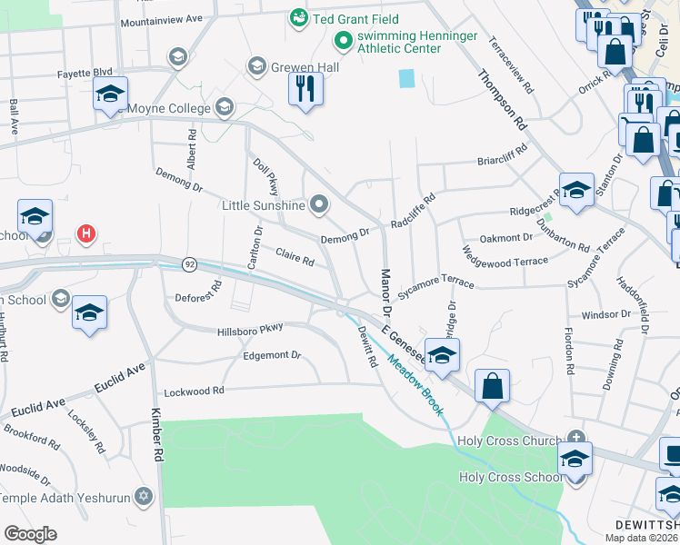 map of restaurants, bars, coffee shops, grocery stores, and more near 203 Gifford Parkway in Syracuse