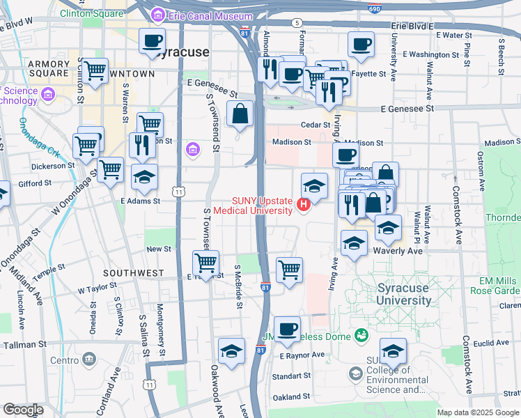map of restaurants, bars, coffee shops, grocery stores, and more near 919 Almond Street in Syracuse