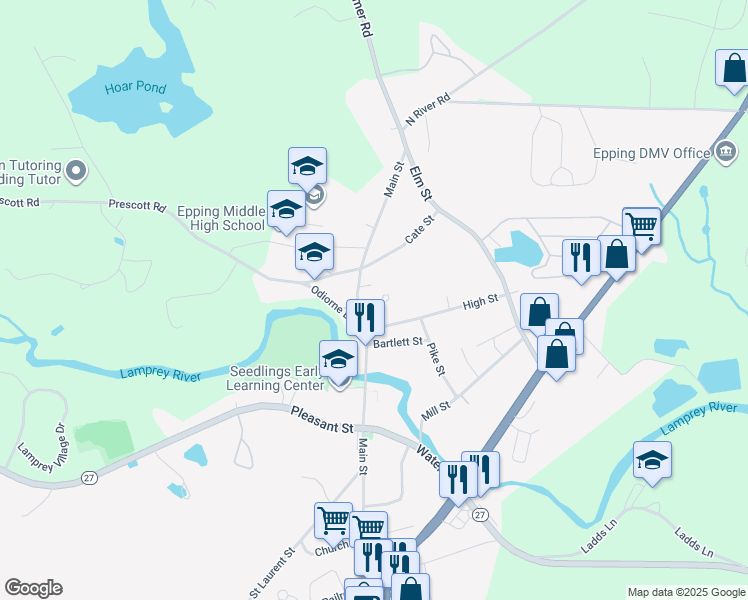 map of restaurants, bars, coffee shops, grocery stores, and more near 8 Center Court in Epping