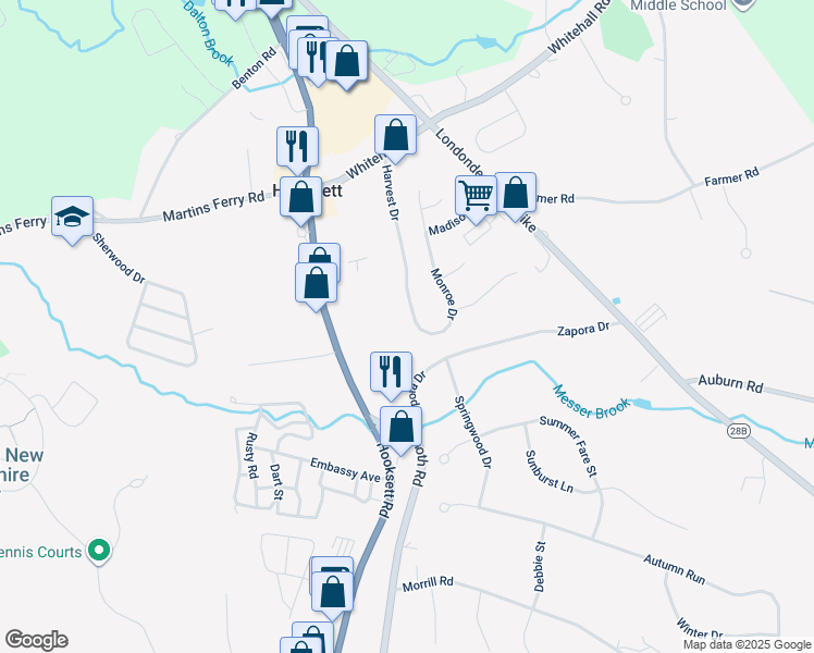 map of restaurants, bars, coffee shops, grocery stores, and more near 29 Harvest Drive in Hooksett