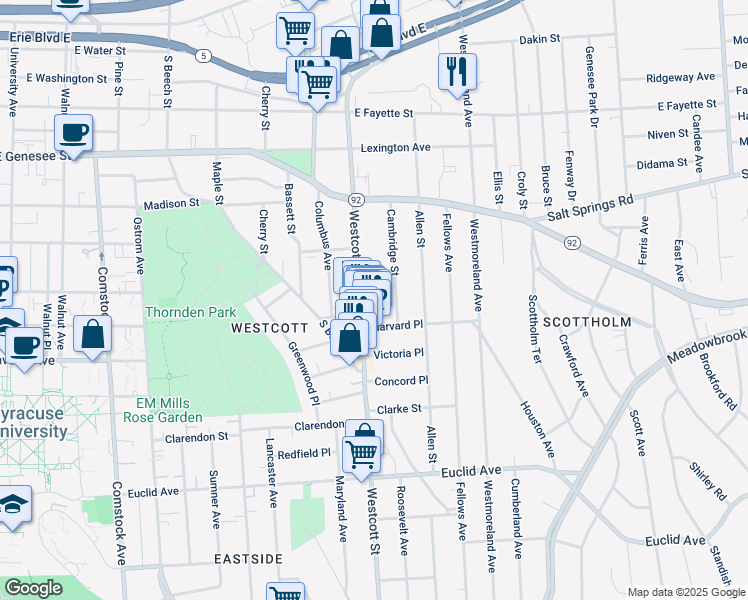 map of restaurants, bars, coffee shops, grocery stores, and more near 453 Westcott Street in Syracuse