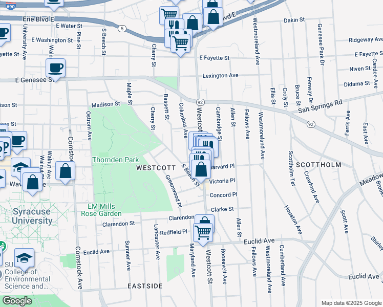 map of restaurants, bars, coffee shops, grocery stores, and more near 553 Columbus Avenue in Syracuse