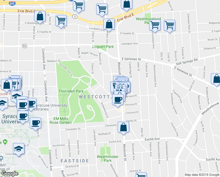 map of restaurants, bars, coffee shops, grocery stores, and more near 553 Columbus Avenue in Syracuse