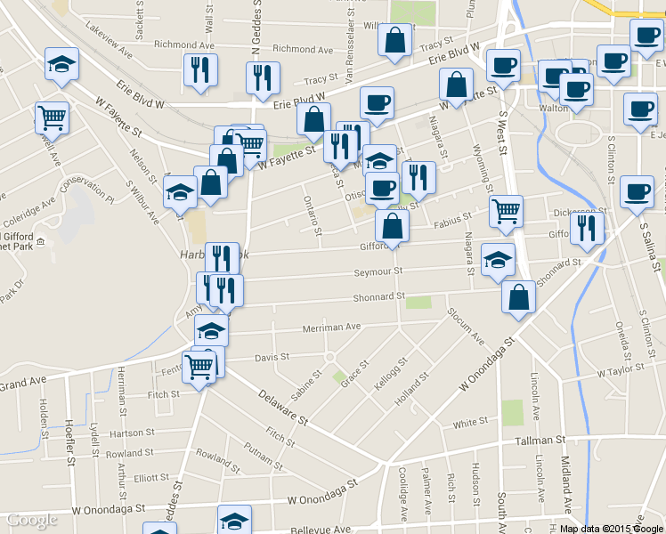 map of restaurants, bars, coffee shops, grocery stores, and more near 444 Seymour Street in Syracuse